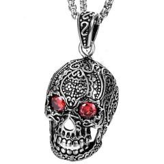 ***COI Titanium Black Silver Skull Pendant With Created Red Ruby-01384A