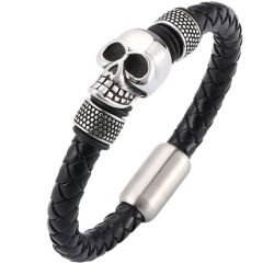 ***COI Titanium Black Silver Skull Genuine Leather Bracelet With Steel Clasp(Length: 8.27 inches)-01390A