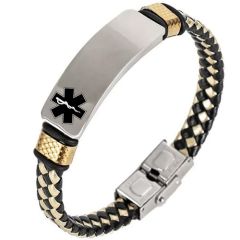 ***COI Titanium Black Gold Tone Silver Medical Alert Genuine Leather Bracelet With Steel Clasp(Length: 8.27 inches)-01394A