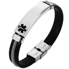 ***COI Titanium Black Silver Medical Alert Rubber Bracelet With Steel Clasp(Length: 8.27 inches)-01395A