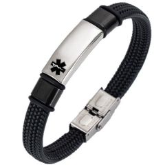 ***COI Titanium Black Silver Medical Alert Genuine Leather Bracelet With Steel Clasp(Length: 8.27 inches)-01398A