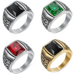 ***COI Titanium Black Gold Tone/Silver Ring With Black Onyx/Created Red Ruby/Green Emerald-01420A