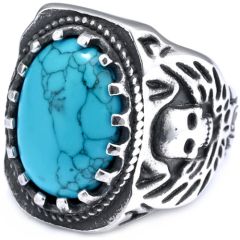 ***COI Titanium Black Silver Skull Ring With Turquoise-01426A