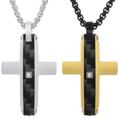 ***COI Titanium Gold Tone/Silver Cross Pendant With Carbon Fiber & Cubic Zirconia-01433A