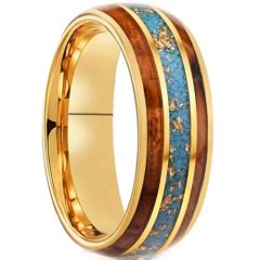 ***COI Gold Tone Tungsten Carbide Turquoise Wood & Gold Foil Dome Court Ring-01438A