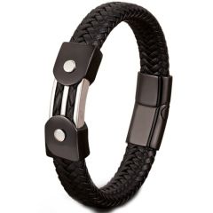 ***COI Titanium Black Silver Genuine Leather Bracelet With Steel Clasp(Length: 8.27 inches)-01525A