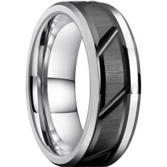 ***COI Tungsten Carbide Black Silver Diagonal Grooves Beveled Edges Ring-01538A
