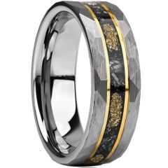 ***COI Tungsten Carbide Gold Tone Silver Meteorite & Gold Foil Faceted Ring-01542A