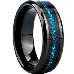 ***COI Black Tungsten Carbide Faceted Meteorite & Crushed Opal Ring-01543A