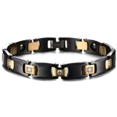 ***COI Titanium Gold Tone Black Ceramic Cubic Zirconia Bracelet With Steel Clasp(Length: 8.27 inches)-01563A