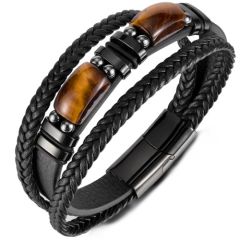 ***COI Black Titanium Tiger Eye Genuine Leather Bracelet With Steel Clasp(Length: 8.46 inches)-01572A