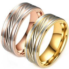 ***COI Titanium Gold Tone Silver Diagonal Grooves Ring-01577A