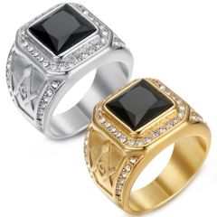 ***COI Titanium Gold Tone/Silver Masonic Freemason Ring With Black Onyx-01602A
