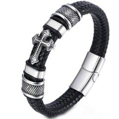 ***COI Titanium Black Silver Cross Genuine Leather Bracelet With Steel Clasp(Length: 8.27 inches)-01612A