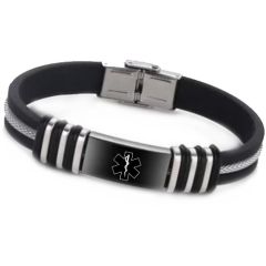 ***COI Titanium Gold Tone/Silver/Black Medical Alert Rubber Bracelet With Steel Clasp(Length: 8.27 inches)-01629A