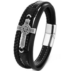 ***COI Titanium Black Silver Cross Genuine Leather Bracelet With Steel Clasp(Length: 8.27 inches)-01630A