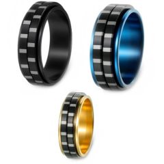 ***COI Titanium Black Silver/Black Blue Silver/Black Gold Tone Silver Checkered Flag Step Edges Rotating Ring-01635A