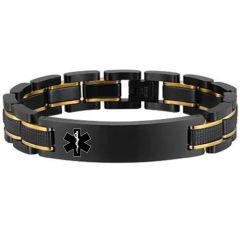 ***COI Titanium Black Gold Tone Medical Alert Bracelet With Steel Clasp(Length: 8.66 inches)-01647A