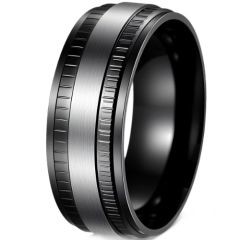 ***COI Titanium Black Silver Tire Tread Step Edges Ring-01652A