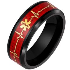 ***COI Titanium Black Gold Tone Medical Alert Ring With Carbon Fiber-01656A