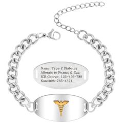 ***COI Titanium Gold Tone Black/Silver Medical Alert Custom Engraving Bracelet With Steel Clasp(Length: 8.27 inches)-01664A