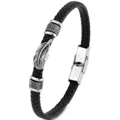 ***COI Titanium Black Silver Feather Genuine Leather Bracelet With Steel Clasp(Length: 8.85 inches) -01680A