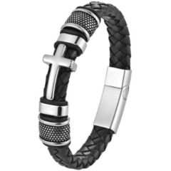 ***COI Titanium Black Silver/Black Cross Genuine Leather Bracelet With Steel Clasp(Length: 8.27 inches) -01685A