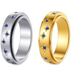 ***COI Titanium Gold Tone/Silver Step Edges Ring With Created Blue Sapphire-01691A