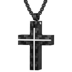 ***COI Titanium Black Rose/Silver Cross Pendant With Carbon Fiber-01698A