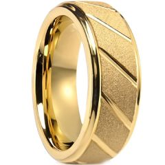 ***COI Gold Tone Tungsten Carbide Diagonal Grooves Sandblasted Step Edges Ring-01712A