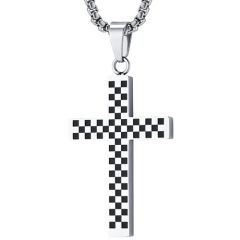 ***COI Titanium Black/Silver Checkered Flag Cross Pendant-01717A
