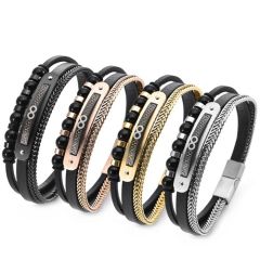 ***COI Titanium Black/Gold Tone/Rose/Silver Infinity Greek Key Pattern Genuine Leather Bracelet With Steel Clasp(Length: 8.27 inches) -01720A