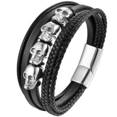 ***COI Titanium Black/Silver Skull Genuine Leather Bracelet With Steel Clasp(Length: 8.27 inches) -01723A