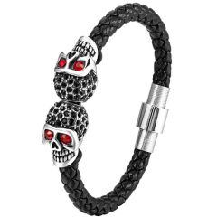 ***COI Titanium Black Silver Skull Cubic Zirconia Genuine Leather Bracelet With Steel Clasp(Length: 8.27 inches) -01725A