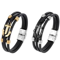 ***COI Titanium Black/Gold Tone Anchor Genuine Leather Bracelet With Steel Clasp(Length: 8.66 inches) -01734A