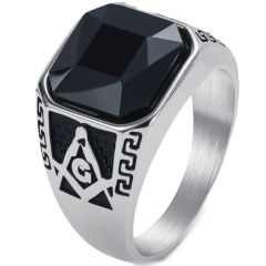 ***COI Titanium Black Gold Tone/Silver Masonic Freemason Ring With Black Onyx-01738A