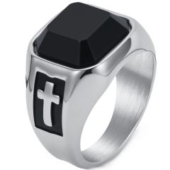 ***COI Titanium Black Gold Tone/Silver Cross Ring With Black Onyx-01739A