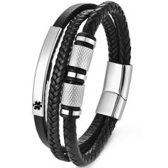 ***COI Titanium Black/Gold Tone/Silver Medical Alert Genuine Leather Bracelet With Steel Clasp(Length: 9.05 inches)-01742A