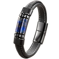 ***COI Titanium Black/Gold Tone/Silver Lapis Lazuli Genuine Leather Bracelet With Steel Clasp(Length: 7.48 inches)-01746A