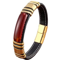 ***COI Gold Tone Titanium Tiger Eye Genuine Leather Bracelet With Steel Clasp(Length: 8.27 inches)-01749A