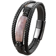 ***COI Black Titanium Pink Onyx Genuine Leather Bracelet With Steel Clasp(Length: 9.06 inches)-01750A