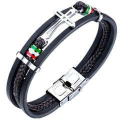 ***COI Titanium Cross Genuine Leather Bracelet With Steel Clasp(Length: 8.27 inches)-01758A