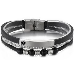 ***COI Titanium Black/Silver Medical Alert Genuine Leather Bracelet With Steel Clasp(Length: 8.27 inches)-01762A