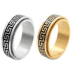 ***COI Titanium Black Gold Tone/Silver Greek Key Pattern Step Edges Ring-01769A