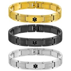 ***COI Titanium Black/Gold Tone/Silver Medical Alert Bracelet With Steel Clasp(Length: 8.27 inches)-01877A