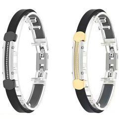 ***COI Titanium Silver Black/Gold Tone Cubic Zirconia Rubber Bracelet With Steel Clasp(Length: 9.25 inches)-01880A
