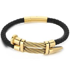 ***COI Titanium Black/Gold Tone/Silver Genuine Leather Bracelet With Steel Clasp(Length: 8.46 inches)-01897A