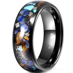 ***COI Black Tungsten Carbide Turquoise Koa Wood Crushed Opal Meteorite Dome Court Ring-01902A
