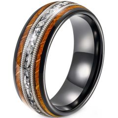 ***COI Tungsten Carbide Black Silver Wire Ring With Meteorite & Koa Wood-01906A