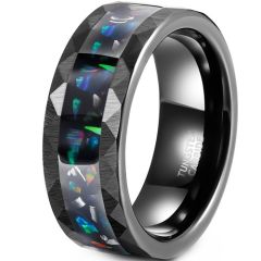 ***COI Black Tungsten Carbide Faceted Ring With Abalone Shell-01907A
